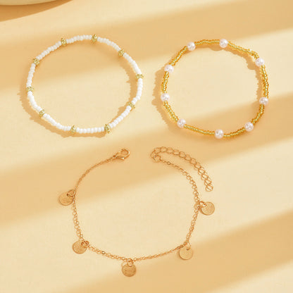 Layered Beach Anklet Set - Gold Pearl & Coin Charm Ankle Bracelets for Women