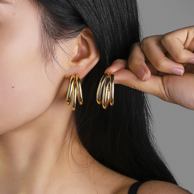 Gold Stacked Triple Band C Hoop Earrings - Bold Minimalist Statement Jewelry
